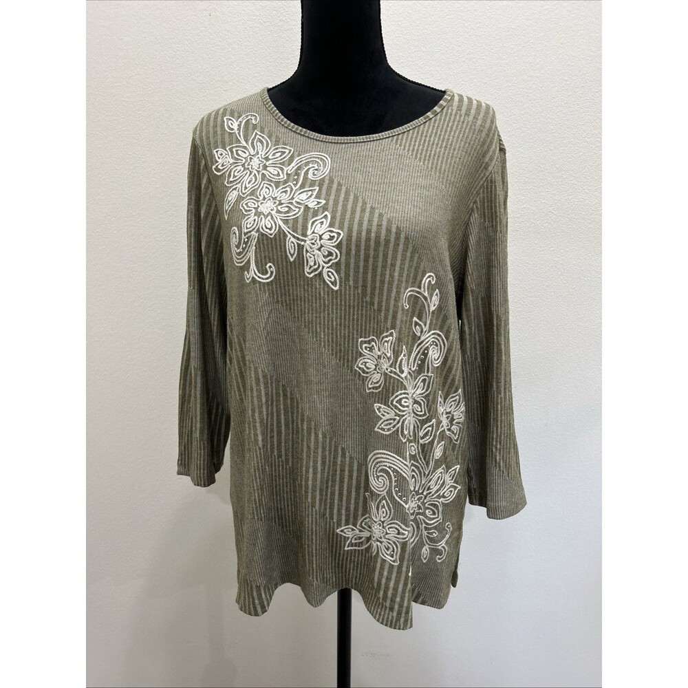 Alfred Dunner Womens Sz L Top Green Olive 3/4-Sleeves Scoop Neck Pullover